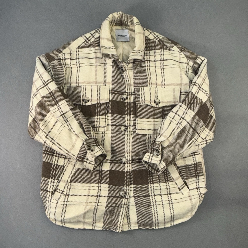 Women's Angel Kiss Plaid Quiltedโ Shacket Button Up Jacket Beige/Brown Size L